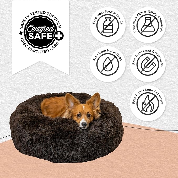 Best Friends by Sheri Original Calming Donut Dog and Cat Bed, Shag Faux Fur, Dark Brown, (30in x 30in) - Anxiety Relief for Pets Up to 45 lbs