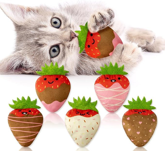 MALLMALL6 Catnip Toys for Cat - 5Pcs Strawberry Chocolate Crinkle Paper Sound Catmint Toy Gift for Indoor Kitten, Teething Chew Kick Interactive Kitty Supplies, Soft Candy Pet Present for Kitten Lover