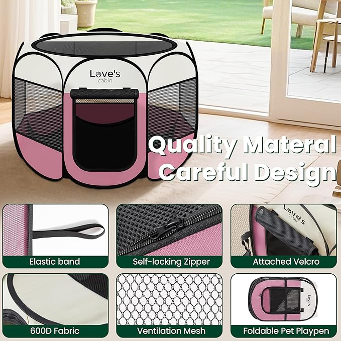 Love's cabin Pet Puppy Dog Playpen, Medium Dog Tent Crates Cage Indoor/Outdoor, Portable Playpen for Cat, Foldable Pop Up Dog Kennel Playpen with Carring Case, Removable Zipper Top, Pink