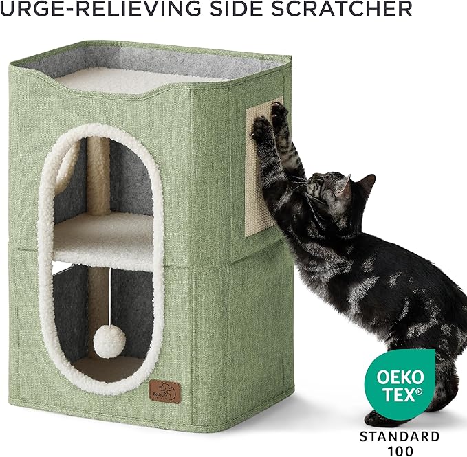 Bedsure 2 Story Cat House - Cat Condos for Indoor Cats with Scratch Pad and Fluffy Ball Hanging, Small Pet Cave Furniture Hideaway for Multi Pets, 18x14x23 inches, Green