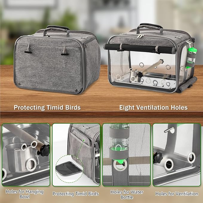 Suertree Bird Carrier Airline Approved, Bird Travel Cage with Indestructible Stainless Steel Mesh, Bird Travel Bag Lightweight and Portable with Water Bottle and Bowl