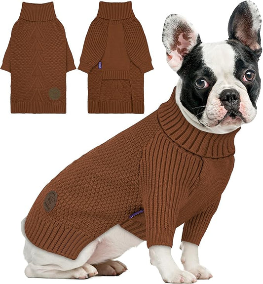 cyeollo Warm Small Dog Sweater, Knit Cold Weather Doggy Sweaters for Small Dogs Boy Pullover Winter Dog Clothes with Turtleneck for Indoor & Outdoor Wear, Brown M