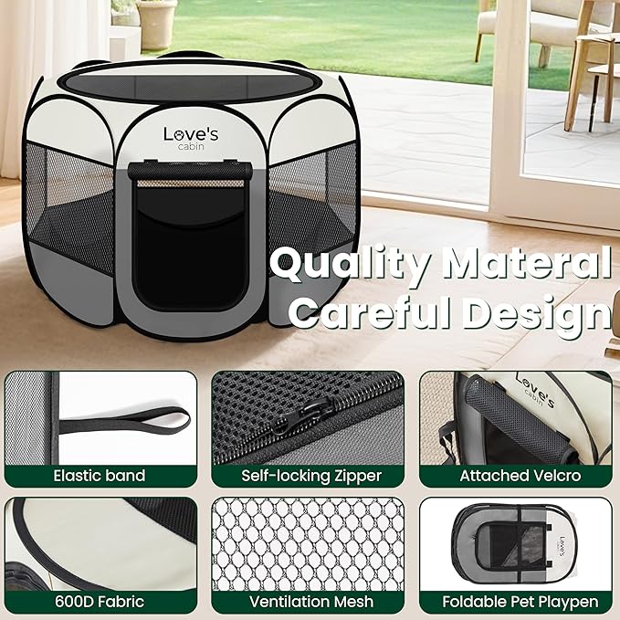 Love's cabin Pet Puppy Dog Playpen, Small Dog Tent Crates Cage Indoor/Outdoor, Portable Playpen for Cat, Foldable Pop Up Dog Kennel Playpen with Carring Case, Removable Zipper Top, Grey