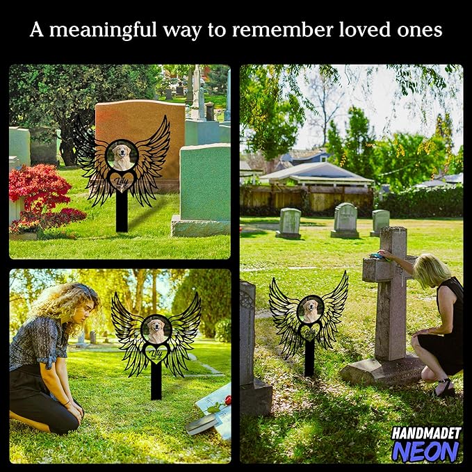 Personalized Dog Memorial Angel Wings Garden Stake with Photo, Custom Picture UV Printed Metal Grave Marker, Image in Loving Memory Outdoor Pet Loss Sympathy Gifts for Dogs Lover