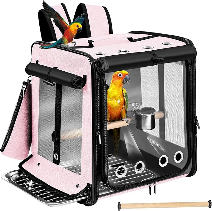 Sanmoncare Bird Carrier for Car Travel with Seat Belt, Indestructible Stainless Steel Mesh Parrot Backpack Travel Cage