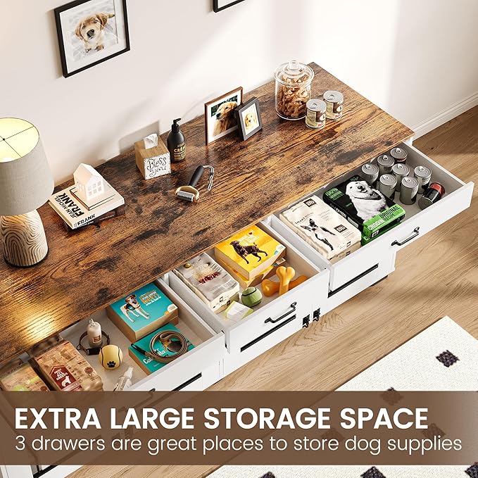 GarveeLife 71 in Dog Crate Furniture for 2 Rooms, Wooden Double Crate Large Breed with Door, Dog Kennel Indoor, TV Stand End Table with Divider for Large Medium Dogs,White/Brown