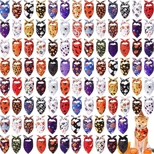 Kigeli 100 Pack Halloween Dog Bandanas Adjustable Triangle Bibs Scarf Ghost Halloween Pumpkin Spider Web Pet Bandanas Costumes Holiday Accessories for Large Medium Small Dog Puppy Cat(Small)