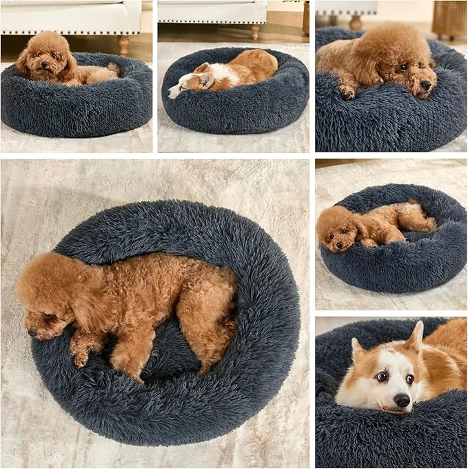 Dog Calming Beds for Small Medium Large Dogs - Round Donut Washable Puppy Dog Bed, Anti-Slip Faux Fur Fluffy Donut Cuddle Anxiety Cat Pet Bed(32" Dark Grey)