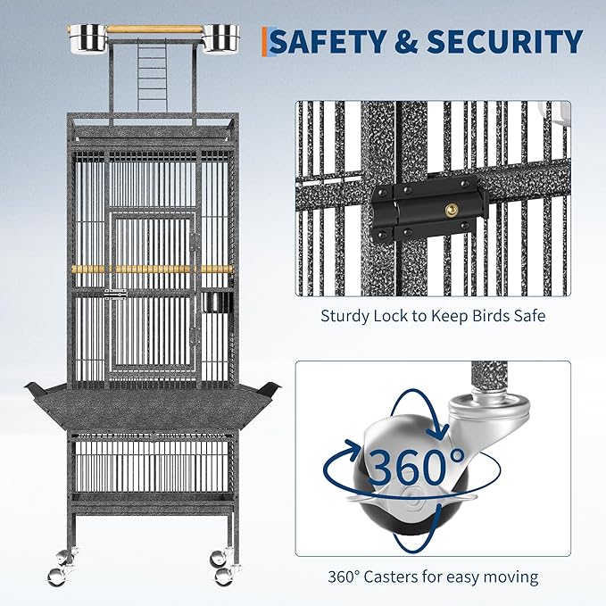 61-Inch Large Parrot Bird Cages with Rooftop Playground, Rolling Caster Wheels, Wrought Iron Birdcage for Small Medium Parrots, Macaws, Cockatoos – Indoor/Outdoor Use for Homes, Aviaries