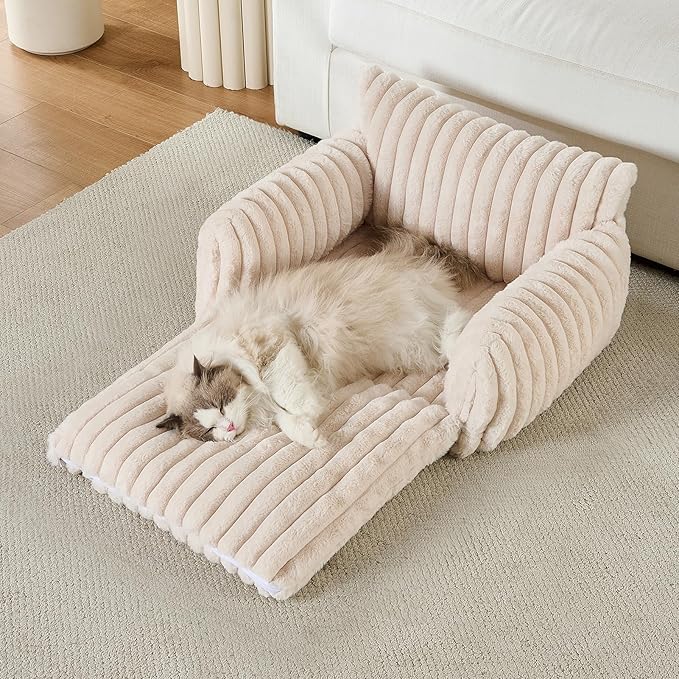 Hollypet Cat Bed Fluffy Plush Mutifuctional Double-Layer Soft Pet Couch Orthopedic Sofa Nest Beds for Small Cats and Dogs, Cream (25x20x13 inch)
