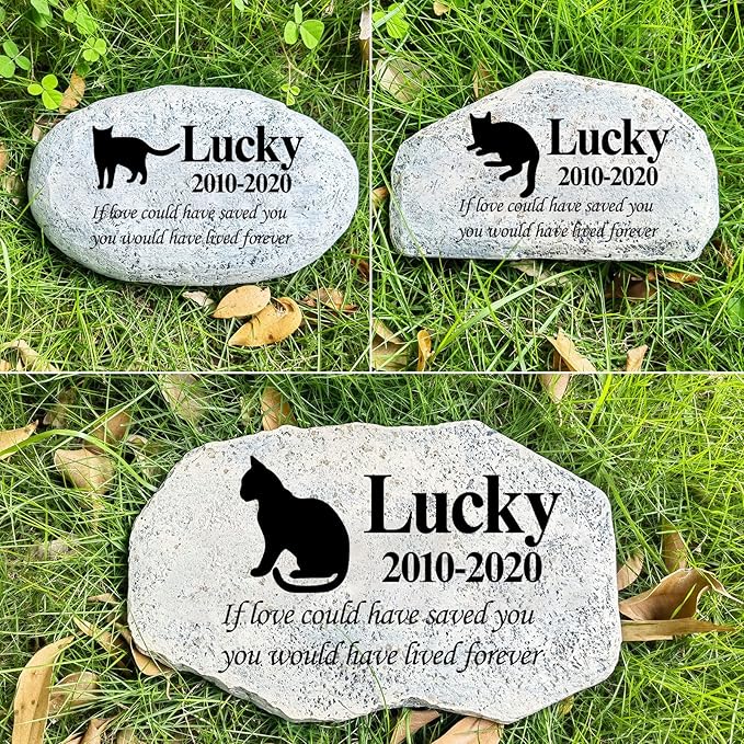 Zatanmulo Personalized Pet Memorial Stone, Garden Memorial Stone Personalized, Cat Headstone, Cat Tombstone, Memorial Plaque Outdoor, Garden Stepping Stone (Cat)