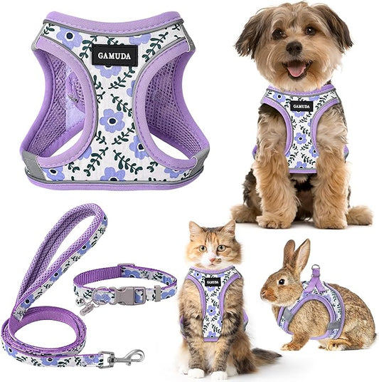 GAMUDA Small Dog Harness Collar and Leash Set, Step in No Chock No Pull Soft Mesh Adjustable Dog Vest Harnesses Plaid Reflective for Dogs Puppy Cats Kitten Rabbit (Purple Flower, M)