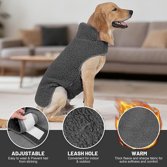 cyeollo 3XL Dog Coat, Fleece Sherpa Winter Sweater Coats, Turtleneck Dog Jacket Vest for Large Dogs with Leash Hole, Soft Reversible Pet Coats for Cold Weather, Dark Grey XXXL