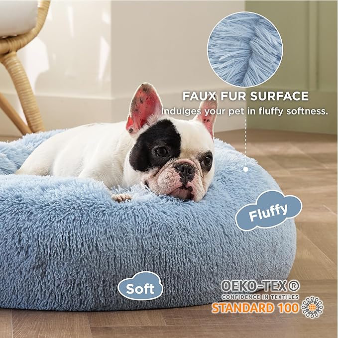 Bedsure Calming Dog Bed for Small Dogs - Donut Washable Small Pet Bed, Round Anti-Slip Fluffy Plush Faux Fur Large Cat Bed, Fits up to 25 lbs Pets, Light Blue, 23 inches