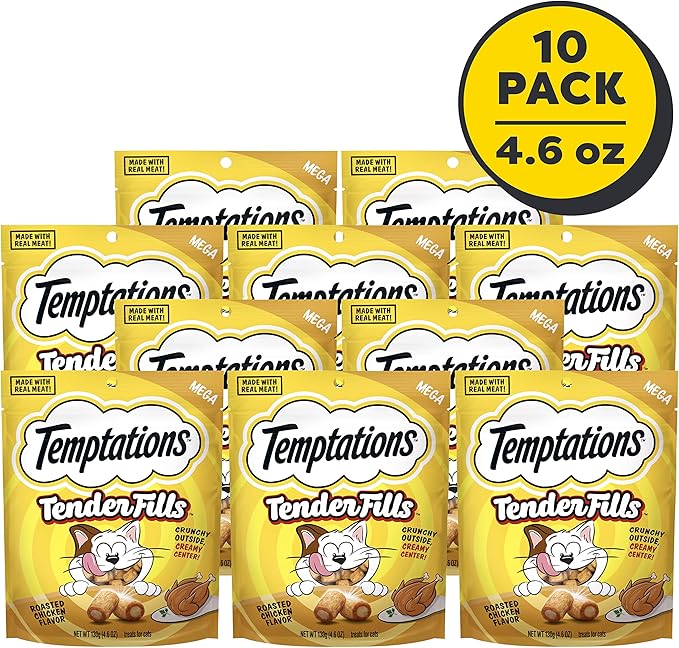 Temptations Tender Fills Crunchy and Soft Adult Cat Treats, Roasted Chicken Flavor, 4.6 oz. Pouch (Pack of 10)