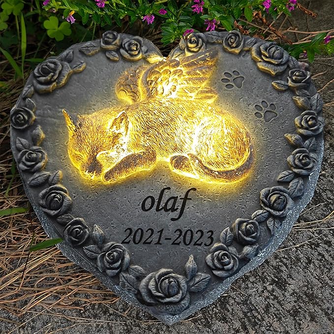 Solar Cat Memorial Stones, Solar Cat Statue Outdoor Garden Decor, Waterproof Solar Cat Headstone Grave Markers Tombstones Loss Cat Memorial Sympathy Keepsake, 8" L x 7.7" W x 3."H