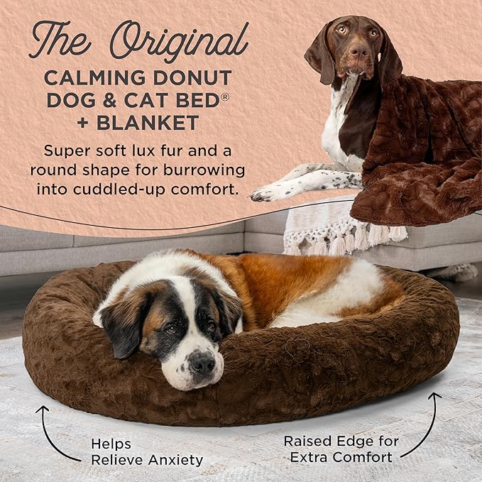 Best Friends by Sheri Bundle Set The Original Calming Lux Donut Cuddler Cat and Dog Bed + Pet Throw Blanket, Dark Chocolate, Extra Large, 45x45