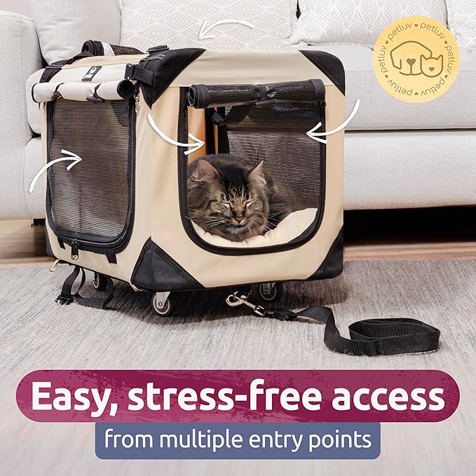 Large Cat Carrier on Wheels & Dog Carrier for 2 Cats or Medium Dog. Rolling, Soft Sided Pet Carrier for Travel. Collapsible, Portable Cat Bag with Soft Bed, Top & Side Loading, Locking Zippers
