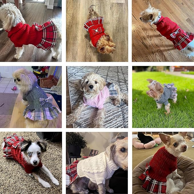 WOYYHO Girl Dog Sweater Dress with Bowtie Turtleneck Small Dogs Sweater with Leash Hole, Knitted Small Dog Sweaters Dress Puppy Winter Clothes for Yorkies Chihuahua (S, Gray)