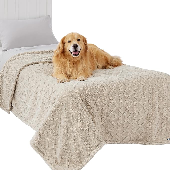 Bedsure Waterproof Dog Blankets for Large Dogs - Pet Blanket for Bed Protector Washable, Premium Jacquard Coral Fleece Cat Throw Blanket, Soft Plush Reversible Furniture Protection, 60x80, Cream