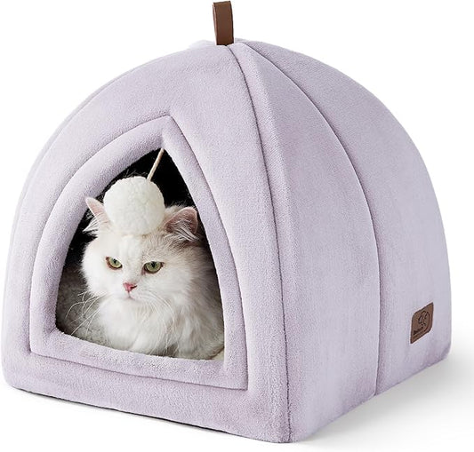 Bedsure Cat Beds for Indoor - 2 in 1 Cat Cave House Tent for Kittens and Small Pets with Removable Washable Cushioned Pillow, Foldable Kitten Hideaway with Non-Slip Bottom, Purple, 16 inches
