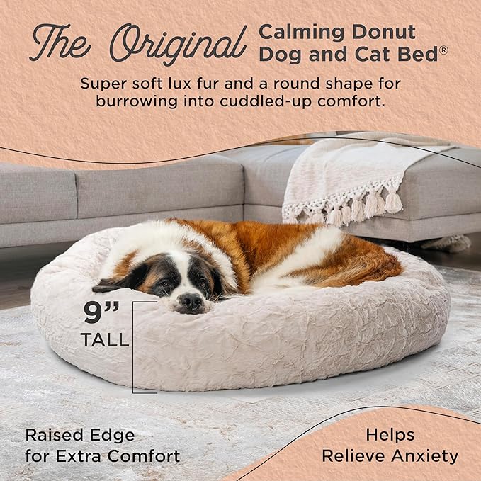 Best Friends by Sheri Original Calming Donut Dog and Cat Bed, Lux Faux Fur, Oyster, XL (45in x 45in) - Anxiety Relief for Pets Up to 150 lbs