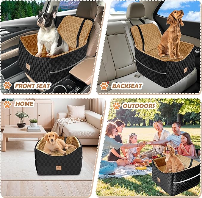 Dog Car Seat for Small and Medium Dogs Up to 35 lbs –Memory Foam Dog Booster Seat with Safety Leash & Storage Pockets, Fits Front & Back Car Seats, Removable Washable Cover – Black & Brown