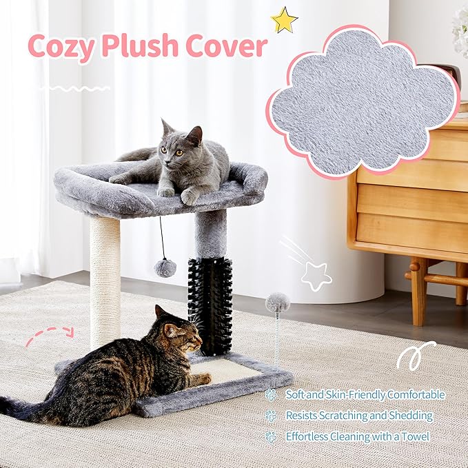 Made4Pets Small Cat Tree Tower, Cat Scratching Post 4-in-1 with Self Groomer Brush, 20" Tall Natural Sisal Cat Scratcher, Plush Perch Bed with Dangling Ball for Indoor Kittens, Grey