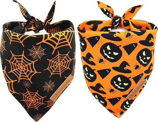 Realeaf Halloween Dog Bandanas 2 Pack, Pumpkin and Spider Web Bibs, Triangle Reversible Fall Pet Scarf, Premium Durable Fabric, Adjustable Fit (Large)