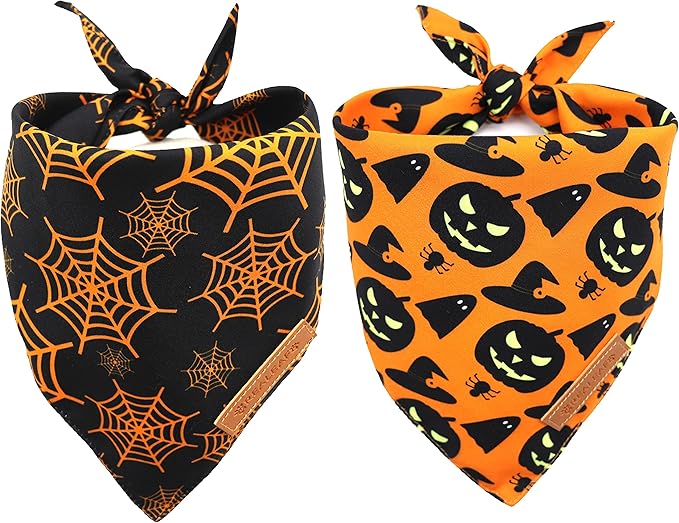 Realeaf Halloween Dog Bandanas 2 Pack, Pumpkin and Spider Web Bibs, Triangle Reversible Fall Pet Scarf, Premium Durable Fabric, Adjustable Fit (X-Large)