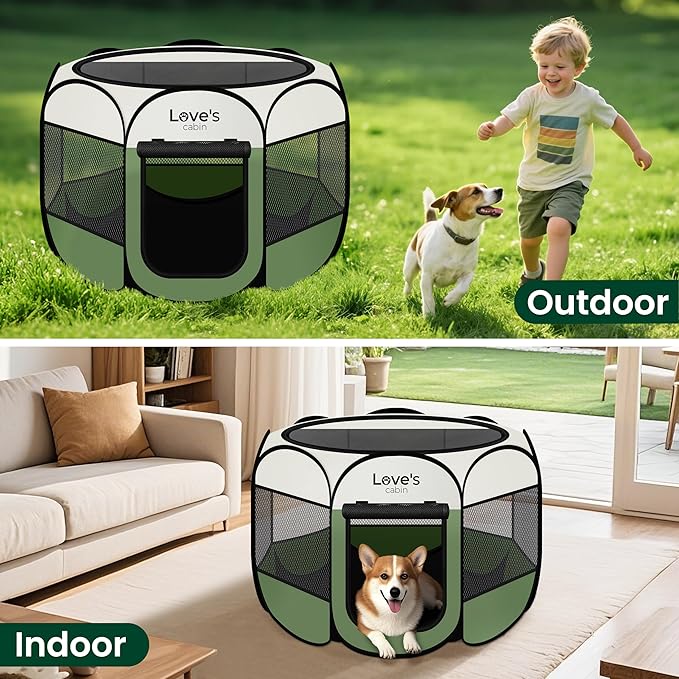 Love's cabin Pet Puppy Dog Playpen, Medium Dog Tent Crates Cage Indoor/Outdoor, Portable Playpen for Cat, Foldable Pop Up Dog Kennel Playpen with Carring Case, Removable Zipper Top, Olive Green