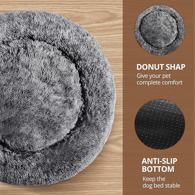 JOLLYVOGUE Medium Calming Dog Bed, Anti-Anxiety Donut Cuddler Cat Bed with Anti-Slip Bottom, Fluffy Faux Fur Machine Washable Pet Cushion for Medium Large Dog & Cat, 31"/Smoke Black