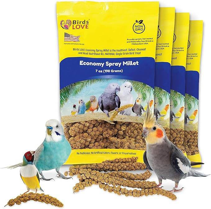 Birds LOVE Economy Special Spray Millet - GMO-Free (No Stems Only Edible Tops) for Birds Cockatiel, Lovebird, Parakeet, Finch, Canary All Parrots Healthy Treat 7oz - Pack of 4