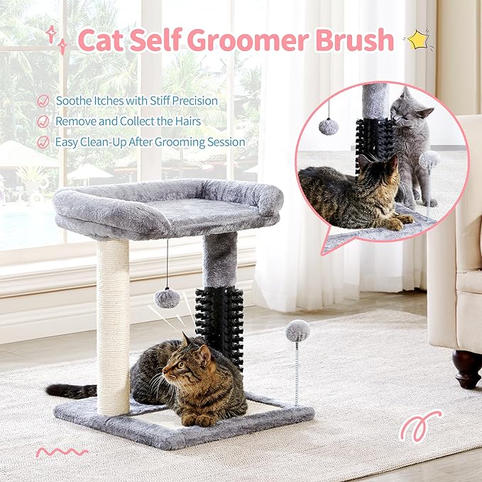 Made4Pets Small Cat Tree Tower, Cat Scratching Post 4-in-1 with Self Groomer Brush, 20" Tall Natural Sisal Cat Scratcher, Plush Perch Bed with Dangling Ball for Indoor Kittens, Grey