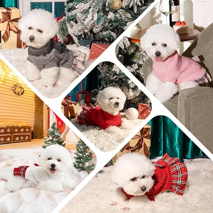 WOYYHO Girl Dog Sweater Dress with Bowtie Turtleneck Small Dogs Sweater with Leash Hole, Knitted Small Dog Sweaters Dress Puppy Winter Clothes for Yorkies Chihuahua (Large, Red)