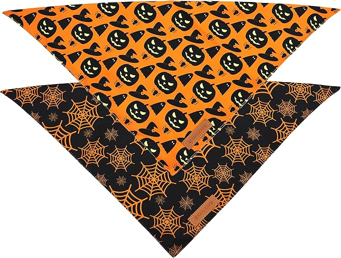 Realeaf Halloween Dog Bandanas 2 Pack, Pumpkin and Spider Web Bibs, Triangle Reversible Fall Pet Scarf, Premium Durable Fabric, Adjustable Fit (Small)