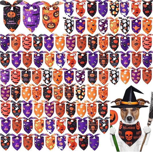 Abbylike 100 Pcs Halloween Dog Bandanas Bulk Pumpkin Bandanas for Dogs Triangle Kerchief Bibs Scarf Set for Pet Halloween Costume Photo Props Accessories Pet Shops, 25 Styles (19.7 x 13.8 x 13.8)