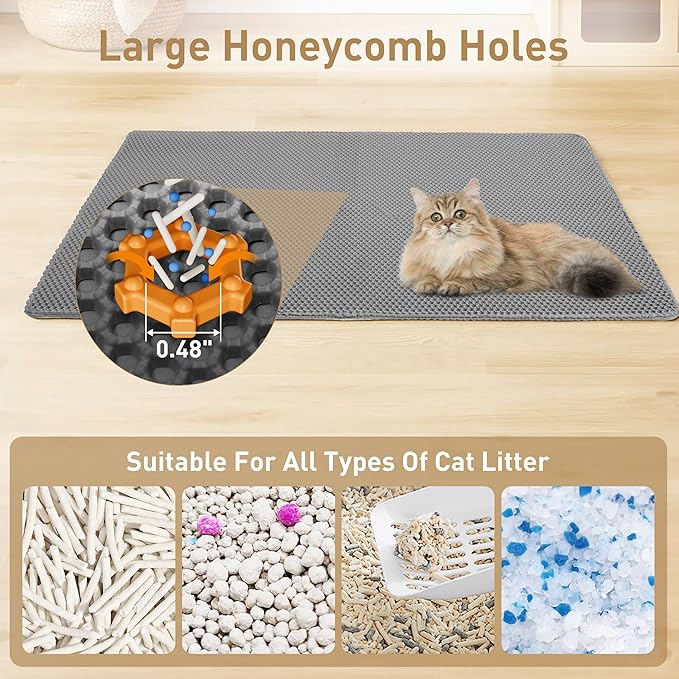 Large Cat Litter Mat for Litter Box, 47"×27.5" Double Layer Trapping Mat, Non-Slip Water Proof Kitty Litter Pad, Grey