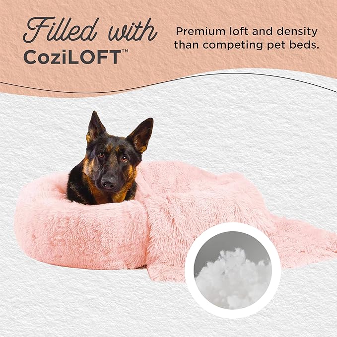 Best Friends by Sheri Bundle Set The Original Calming Shag Donut Cuddler Cat and Dog Bed + Pet Throw Blanket, Cotton Candy Pink, Large, 36x36