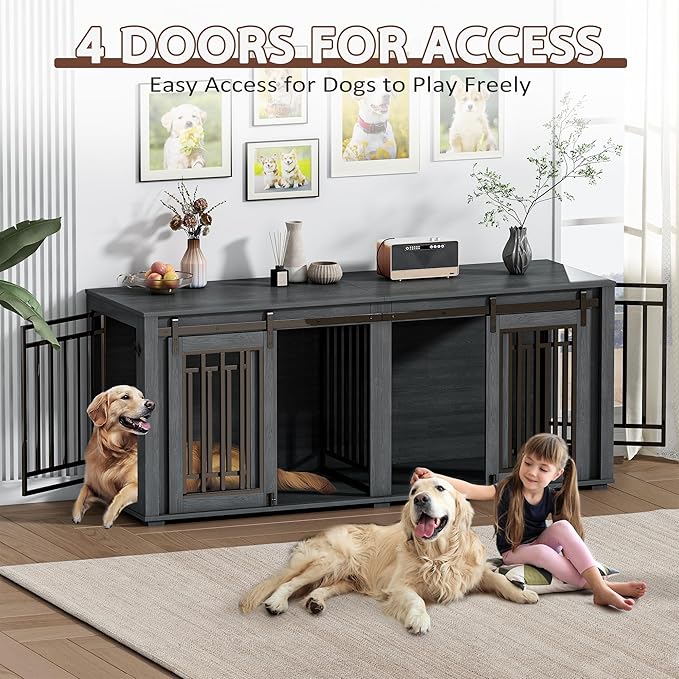 Large Dog Crate Furniture for 2 Dogs, Upgrade 71" Pro XXL Sliding Door Heavy Duty Dog Kennel Furniture with Divider, Steel Frame Indoor Double Dog Crate for Large Medium Small Dogs, Dark Black