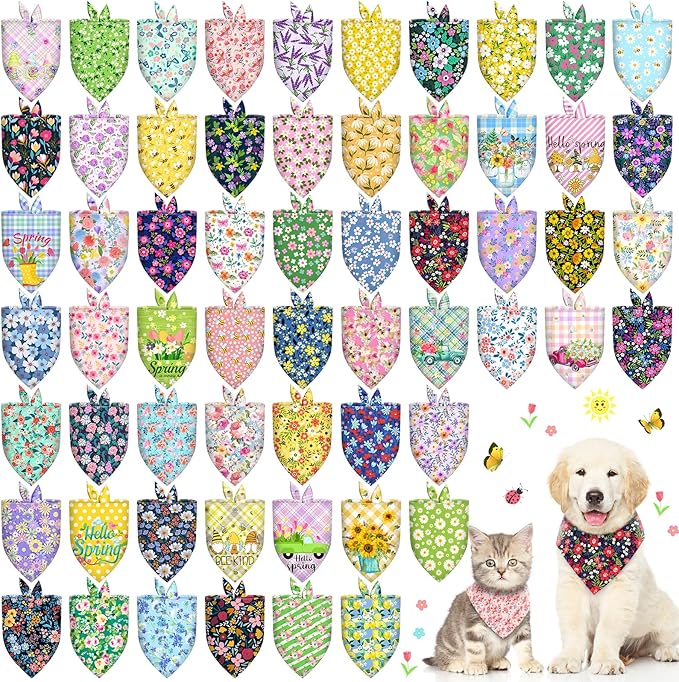 60 Pcs Spring Summer Dog Bandanas Bulk Adjustable Floral Puppy Scarves Pet Bandana Washable Flower Puppy Grooming Bandana for Small Medium Large Breed Dog Cat Pet Grooming Accessories