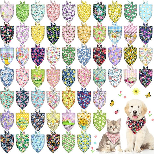 60 Pcs Spring Summer Dog Bandanas Bulk Adjustable Floral Puppy Scarves Pet Bandana Washable Flower Puppy Grooming Bandana for Small Medium Large Breed Dog Cat Pet Grooming Accessories