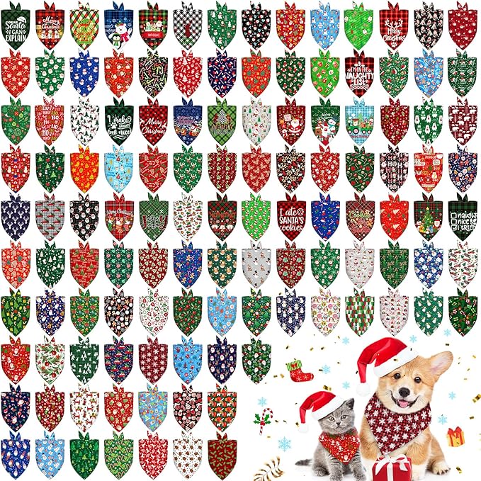 120 Pcs Christmas Dog Bandanas & Scarves - Bulk Adjustable Puppy Bandanas & Pet Handkerchiefs - Washable Holiday Scarf for Small to Large Dogs & Cats