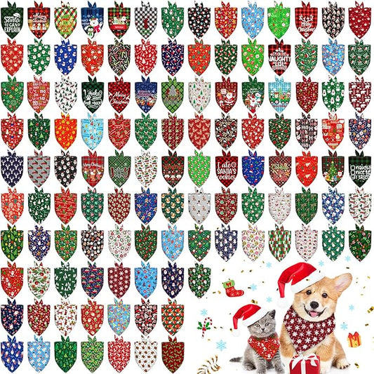 120 Pcs Christmas Dog Bandanas & Scarves - Bulk Adjustable Puppy Bandanas & Pet Handkerchiefs - Washable Holiday Scarf for Small to Large Dogs & Cats