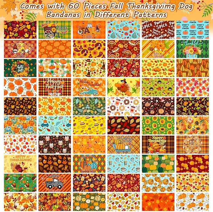 60 Pcs Fall Thanksgiving Dog Bandanas Bulk Adjustable Dog Scarves Pumpkin Turkey Puppy Bandanas Autumn Pet Neckerchief Washable Holiday Bandana for Small Medium Large Dog Pet Grooming Accessories