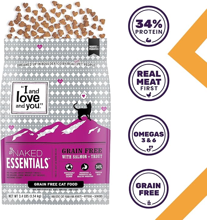 I and love and you Naked Essentials Dry Cat Food - Salmon + Trout - Grain Free, Real Meat, No Fillers, Prebiotics + Probiotics, 11lb Bag