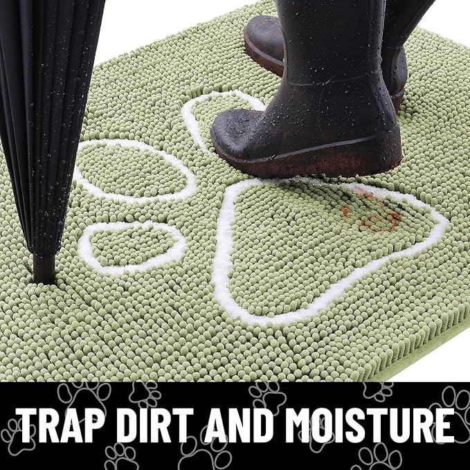 Smiry Dog Door Mat for Muddy Paws, Absorbent Dirt Trapper Non Slip Quick Dry Washable Chenille Mat for Mud Dogs, Entry Rug for Indoor and Outdoor (48x30 Inches, Sage Green)