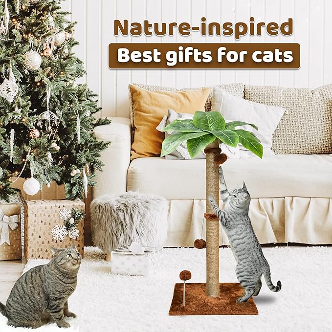 Cat Scratching Post, 34'' Tall Cat Scratchers for Indoor Cats with Hanging Balls, Tall Cute Sisal Kitten Scratch Post with Reinforced Stable Base, Brown, Medium