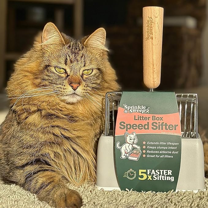Sprinkle & Sweep Metal Cat Litter Scoop - Heavy Duty Litter Scooper & Speed Sifter with Comfortable Beech Wood Grip - Washable Convenient Stand for Easy and Efficient Cleaning