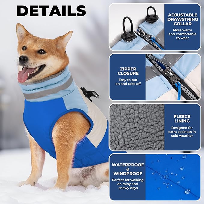 Dog Coat, Waterproof Dog Winter Jacket with Harness Built in, Turtleneck Warm Doggie Cold Weather Coats, Reflective Pet Vest for Indoor & Outdoor, Windproof Dogs Snowsuit, Blue Large